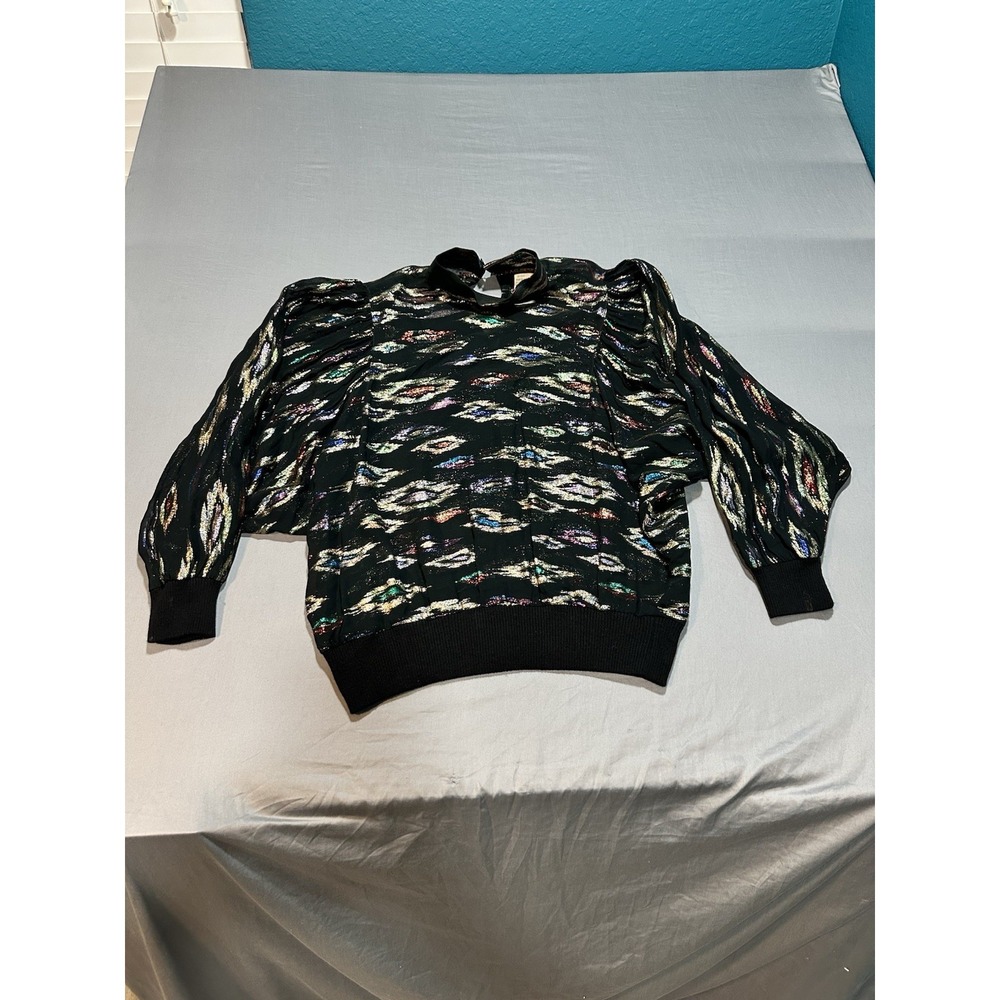 VTG 80s‎ AC Sport Sheer Metallic Peacock Pattern Batwing Top 12